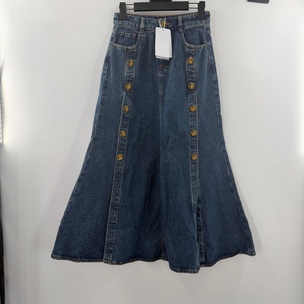Urban Revivo Blue Denim Maxi Skirt Gold Ornate Button Front A-Line NWT Size US 2